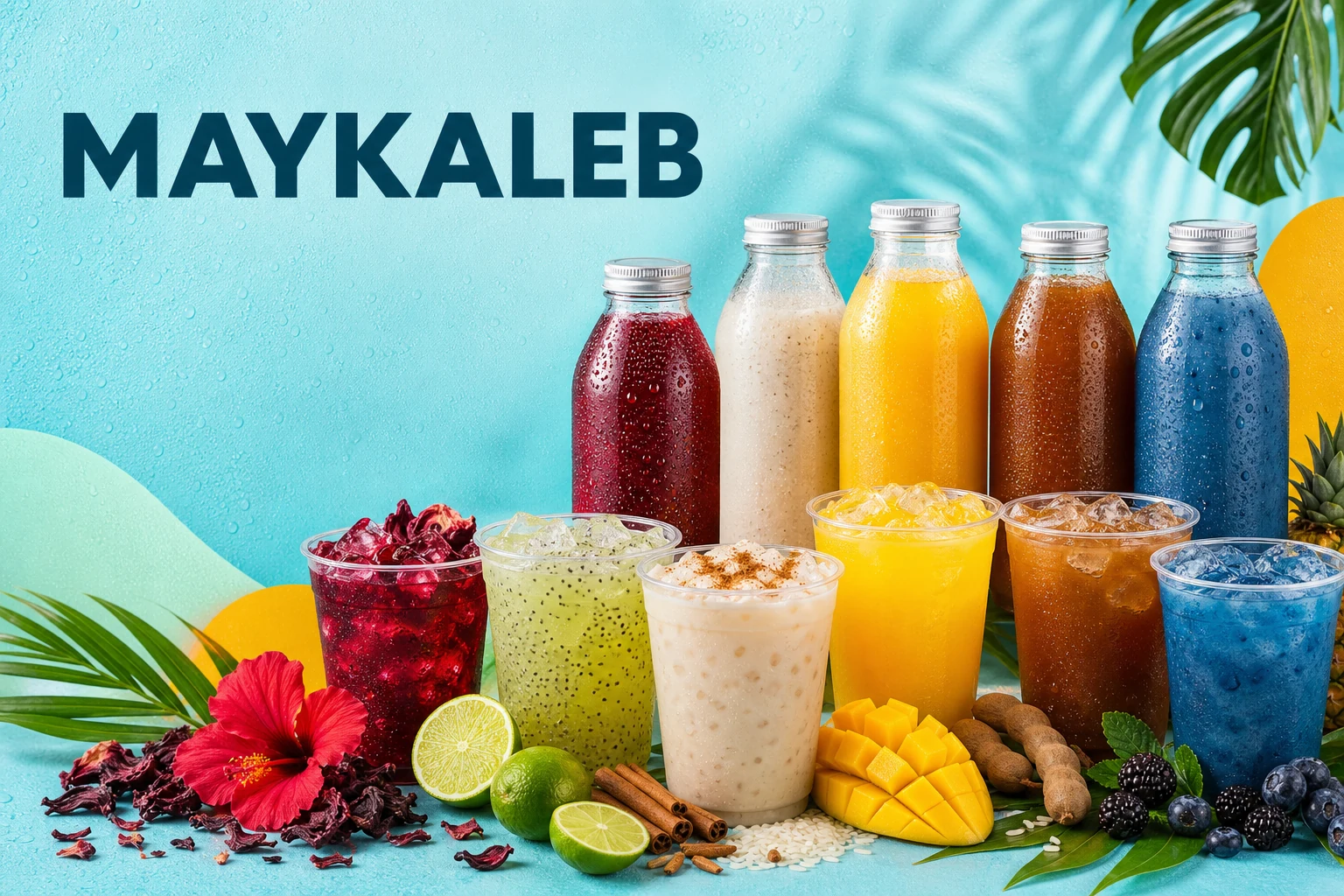 Botellas y vasos con aguas frescas de distintos sabores MAYKALEB